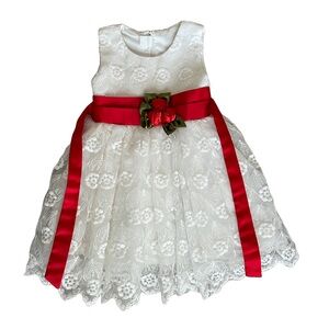 Little girls white lace formal dress with red satin waist, rosette on waist
